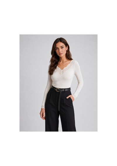 Unika Boutique Dantelli Kaşmir Uzun Kollu Bluz Beyaz