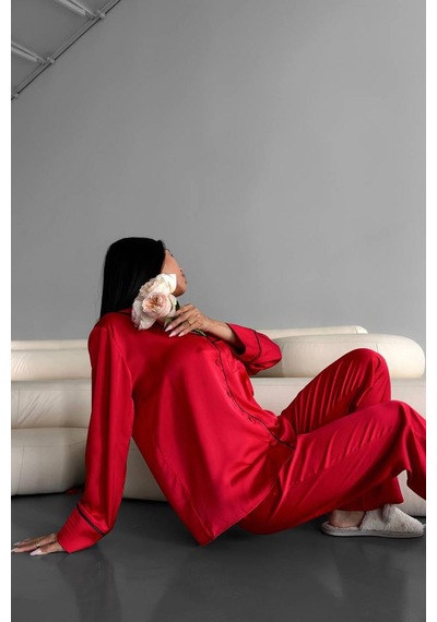 Gizotti Love Kırmızı Düz Uzun Saten Pijama Xl Kırmızı