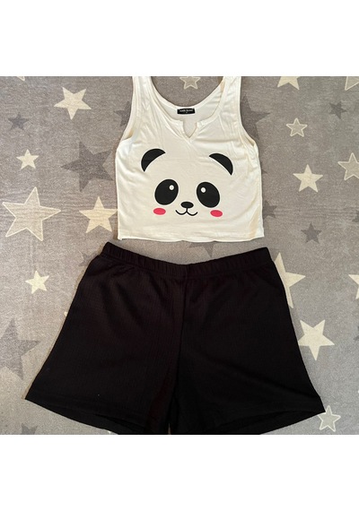 River Island River İsland Panda Desenli Ekstra Dar Kalıp Kadın Pijama Takımı Beyaz - Siyah