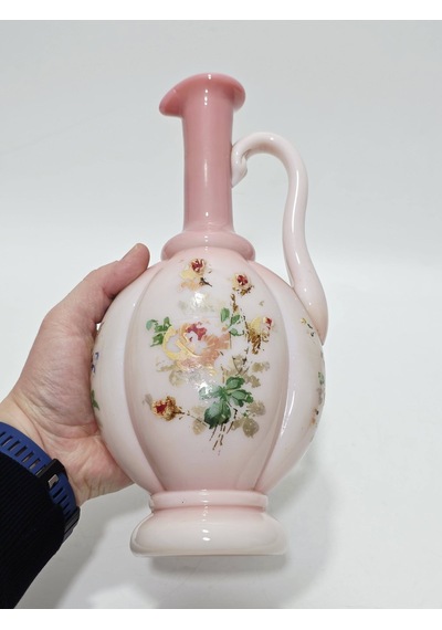 Çiçek Desenli El Yapımı Pembe Opalin Sürahi 35,5cm