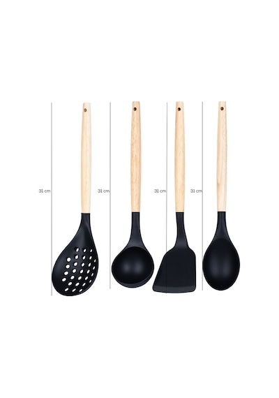 Porsima 3168 Ahşap Silikon 4 Parça Servis Takımı Seti Siyah Siyah