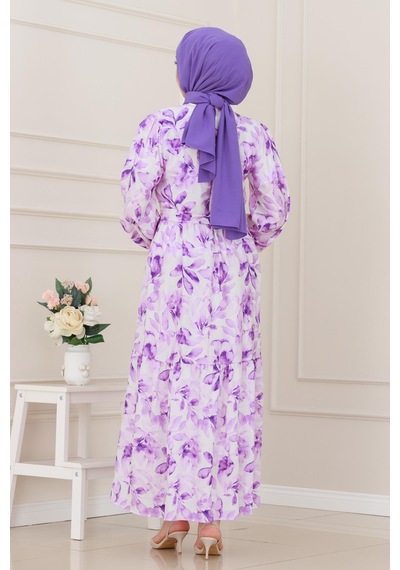 Sevitli Yarım Düğmeli Lotus Elbise-mor-5246 Mor