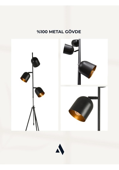 Horion Tripod Lambader 3 Başlıklı, Ayarlanabilir, Metal Gövde Siyah, Beyaz, Eskitme Gold Siyah