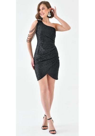 Hanife Glam Couture Hanife Glam Tek Omuz Taş Tasarımlı Mini Pulpayet Elbise Siyah