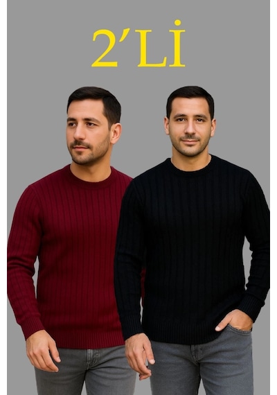 Defymoda Erkek Fitilli Triko Kazak 2 Li Set Siyah - Bordo, Kalın Dokuma Pamuklu Regular Fit Bisiklet Yaka U Siyah - Bordo