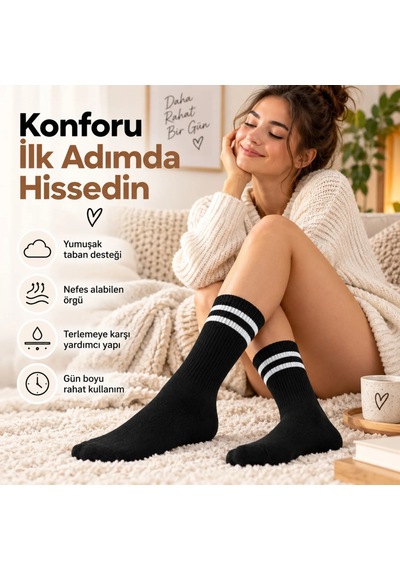 S'82 Siyah Çorap Beyaz Çizgili 3'lü Set Unisex Uzun Soket Günlük Spor Rahat Kolej Stil Çorap Seti