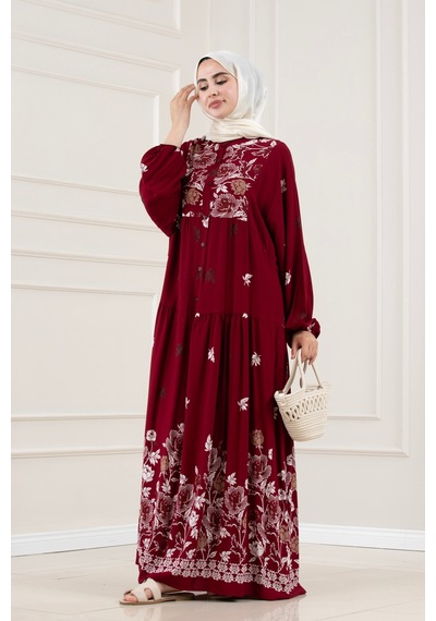 Sevitli Yarım Düğmeli Robalı Ceylan Elbise-bordo-5853