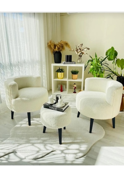 Çay Seti İkili Koltuk Berjer Ve Puf Takımı Salon, Balkon, Ofis 3 Lü Takım Beyaz