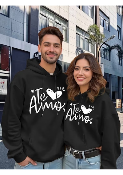 Nevermind Te Amo Çift Hoodie Oversize Unisex Sevgili Kombin Sweatshirt Siyah