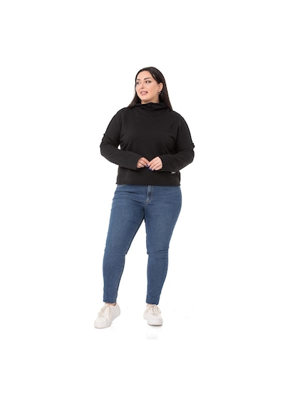 Büyük Beden Kapüşonlu Düşük Kollu Pis Dikişli Üç İplik Siyah Sweatshirt-siyah Siyah