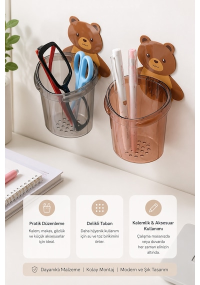 Ayıcık Desenli Kendinden Yapışkanlı Banyo Organizeri Diş Macunu Kalem Düzenleyici Kutu