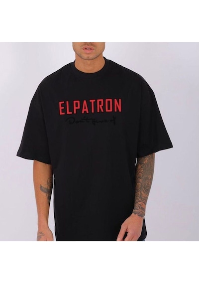 Flood Of Style Erkek Siyah Elpatron Baskılı Oversize Bisiklet Yaka Tshirt
