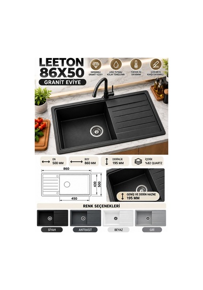 Granit Evye Leeton Series Siyah Renk En :500mm Boy :860 Mm Derinlik :195 Mm