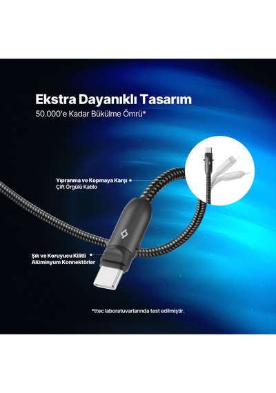 Ttec Extremecable Hip Çok Fonksiyonlu Ekstra Dayanıklı USB-C –USB-C 60W PD/Qc 120 CM Hızlı Şarj/Data Kablo Siyah