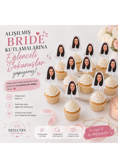 12 Adet Bekarlığa Veda Partisi Bride To Be Kişiye Özel Fotoğraflı Parti Kürdan Pasta Süsü