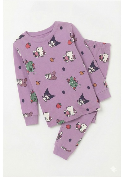 Cute Hello Kitty Ve Kuromi Desenli Kız Çocuk Pijama Takımı Lila