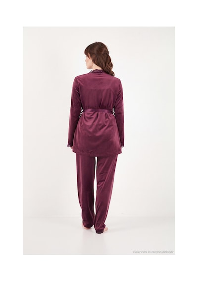 Lela Regular Fit Dantelli Yumuşak Dokulu Sabahlıklı Kadife Pijama Takımı Kadın Pijama Takımı 6095545 Mürdüm MÜRDÜM