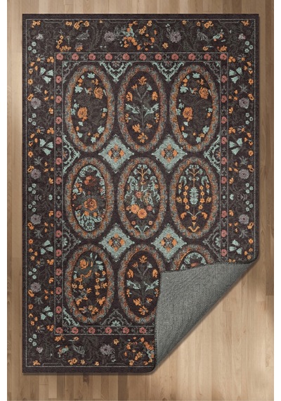 Floris 234 Antrasit Gri Pembe Çiçekli Bordürlü Eskitme Desenli Dokuma Şönil Bohem Vintage Oda Halısı Çok Renkli