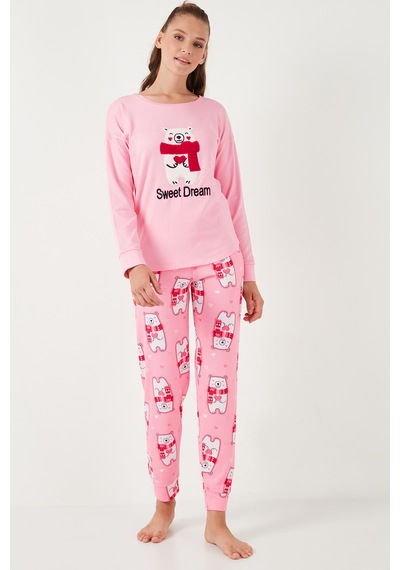 Lela Streç Standart Fit Bisiklet Yaka Desenli Bayan Pijama Takımı 6095700 Pembe