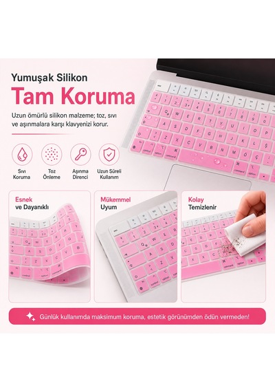Macbook Air 13.6 İnç M2 M3 M4 M5 A2681 A3113 A3240 A3449 Uyumlu Türkçe Q Klavye Koruyucu Pembe Ombre Diğer