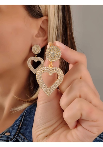 Kalp Love Aşk Sallantılı Model Altın Kaplama Küpe Gold