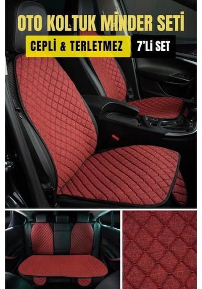 Hyundai Accent Era 2005-2011terletmez Kaymaz Keten Oto Minder Kılıf Komple Set 7 Parça Kırmızı Ön Ve Arka