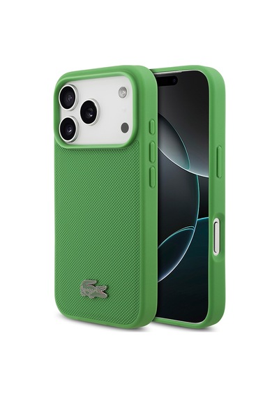 Apple Uyumlu iPhone 18 Pro Kılıf Lacoste Lisanslı M-safe Şarj Özellikli Pu Pike Desenli Metal Logolu Kapak Yeşil