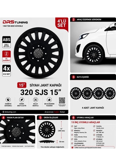 Alfa Romeo Uyumlu 15 Inc Kırılmaz Parlak Siyah Jant Kapağı 1 Takım 4 Adet No:320