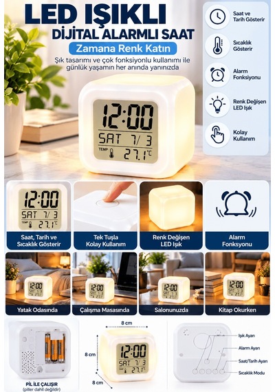 Lexroo Led Aydınlatmalı Küp Saat Dijital Alarm Tarih Ve Sıcaklık Diğer