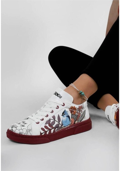 Kadın Vegan Deri Beyaz Sneakers - Magic In The Air Tasarım Beyaz - Bordo