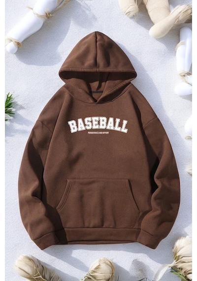 Baseball Baskılı Oversize Sweatshirt Kahverengi