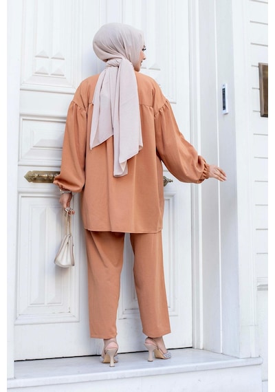 Misskayle Balon Kol Tesettür Camel Takım Camel