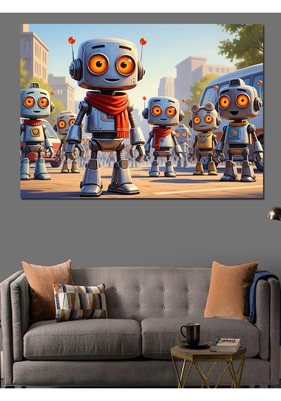Modern Robot Çocuklar Ve Şehir Dekoratif Kanvas - Mdf Ahşap Tablo