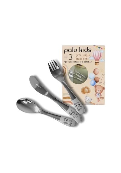 Çocuk Çatal Kaşık Bıçak Seti 3'lü Paslanmaz Çelik Yemek Takımı Kutulu +3 Yaş P674 6999