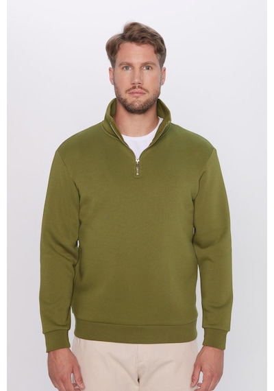 Tudors Unisex Relax Fit Rahat Kesim Pamuklu İçi Polarlı Yarım Fermuarlı Haki Dik Yaka Sweatshirt-31452 Haki