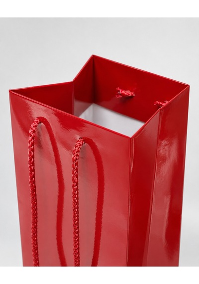 Şişelik İpli Kırmızı Karton Poşet, 1 Adet-12x10x38 Cm, Kalın Yapı
