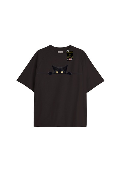 Flood Of Style Siyah Oversize T-shirt Kedi Özel Tasarım
