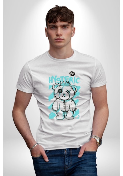Histerik Unisex Unisex Beyaz Organik Baskılı T-shirt Penye Yüksek Kalite Beyaz