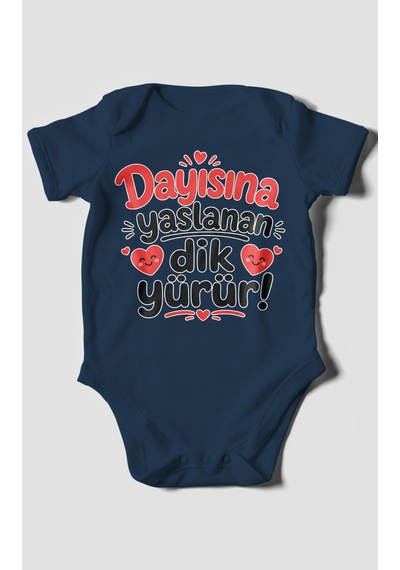 Morivokids Dayısına Yaslanan Dik Yürür Kısa Kollu Bebek Body %100 Pamuk Zbn254-kk Lacivert