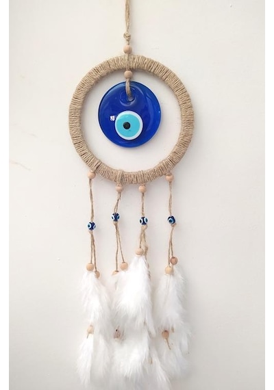 Hdmarketim Nazar Boncuklu Düş Kapanı Dreamcatcher Kuş Tüyü Duvar Beyaz