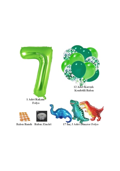 7 Yaş Dinazor Set Rakam Folyo, 3 Adet Mini Dinazor Ve 10 Lu Balon