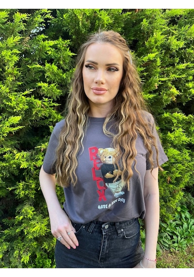 Sevimli Ayıcık Relax Ayı Tasarım Şık Baskılı %100 Pamuk Regular Fit Bisiklet Yaka Gri T-shirt Gri