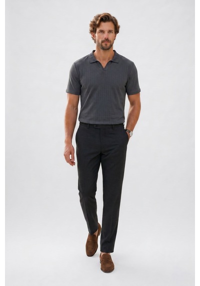 Tudors Erkek Slim Fit Dar Kesim Pamuklu Kısa Kollu Çizgili Antrasit Polo V Yaka Tişört-51129