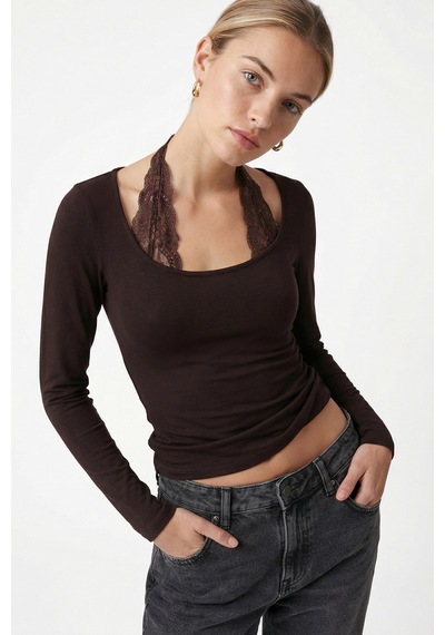 Ritnice Kadın Emma Dantel Detaylı Uzun Kollu Kahverengi Basic Top / Bluz Kahverengi