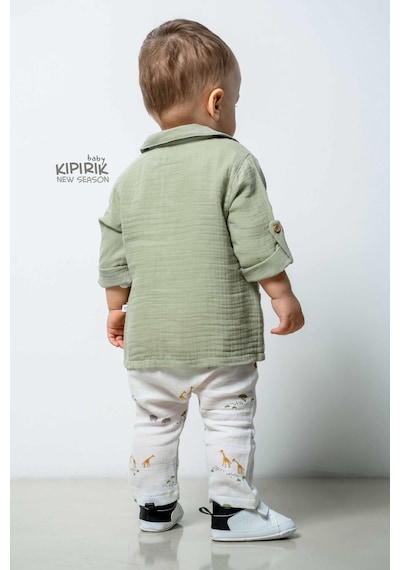 Caramell 3'lü Bebek Takımı Müslin Gömlek Pantalon Tişört Zürafa Desenli-1134 Yesil