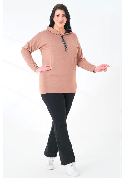 Lady Majestic Büyük Beden Kapüşonlu Sweatshirt Vizon