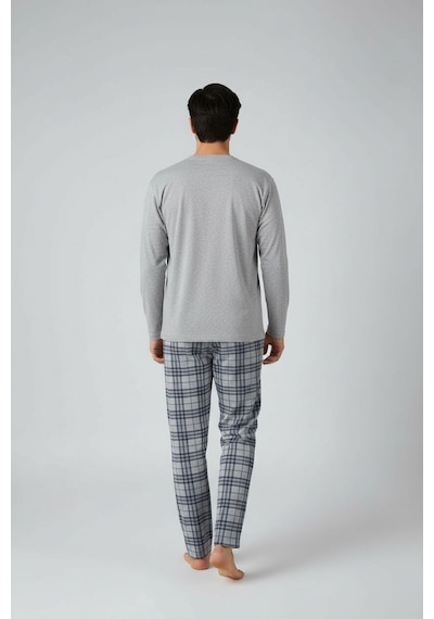 Lukitus Uzun Kol Sıfır Yaka Pamuklu Erkek Pijama Takımı Vlknekose Gri