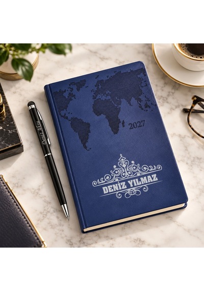Bk Gift Kişiye Özel 378 Termo Deri Tarihli Ajanda & Siyah Touch Pen Tükenmez Kalem-13 Lacivert