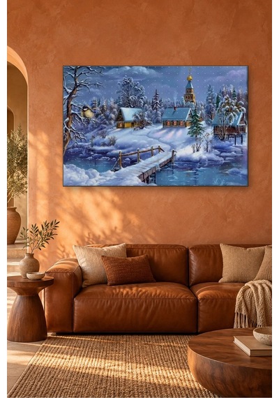 Fida Karlı Köyde Kubbeli Kilise Ve Ahşap Köprü Canvas Tablo Çok Renkli