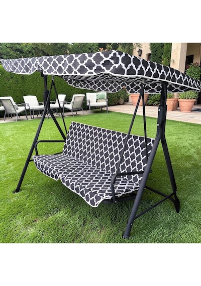 Salıncak Minderi Lüks Kılıf Seti Gölgelikli Karaçatı Desenli 130x45 2 Kişilik Siyah - Beyaz Salıncak Minderi Lüks Kılıf Seti Gölgelikli Karaçatı Desenli 130x45 2 Kişilik Siyah - Beyaz